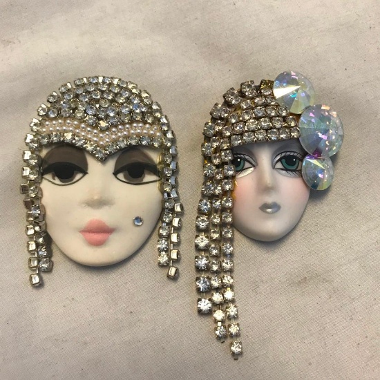 Lot of 2 Feminine Face Brooches with dangling Rhinestone Detail