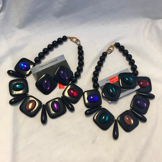 Lot of 2 Black and Colorful Stone Necklace and Earring Sets
