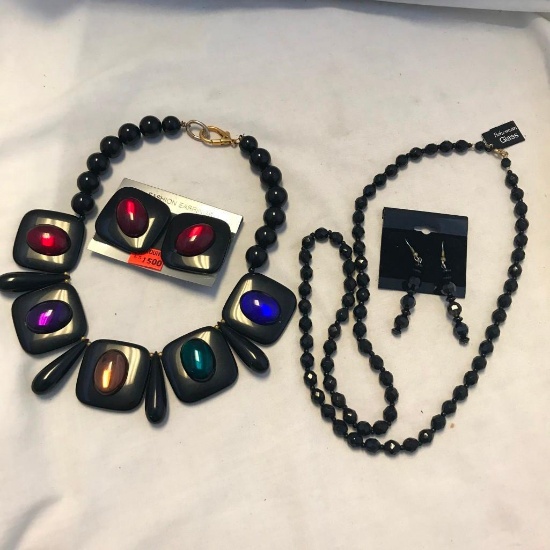 Lot of 2 Black Necklace and Earring Sets