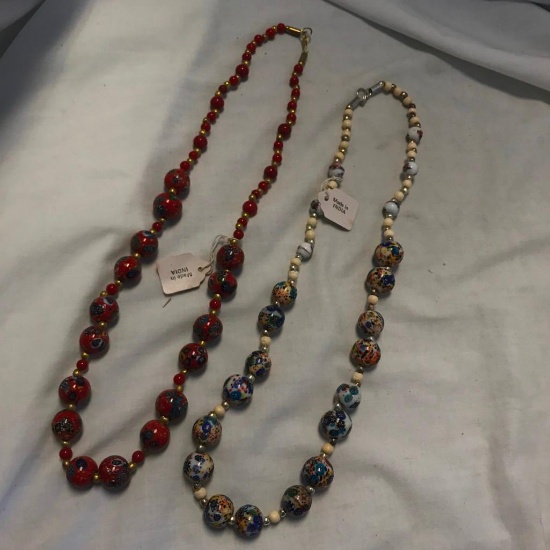 Lot of 2 Similar Necklaces with Decorative Painted Beads