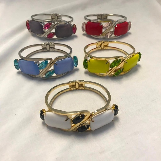 Lot of 5 Similar Style Bracelets with Colorful Center Rhinestones