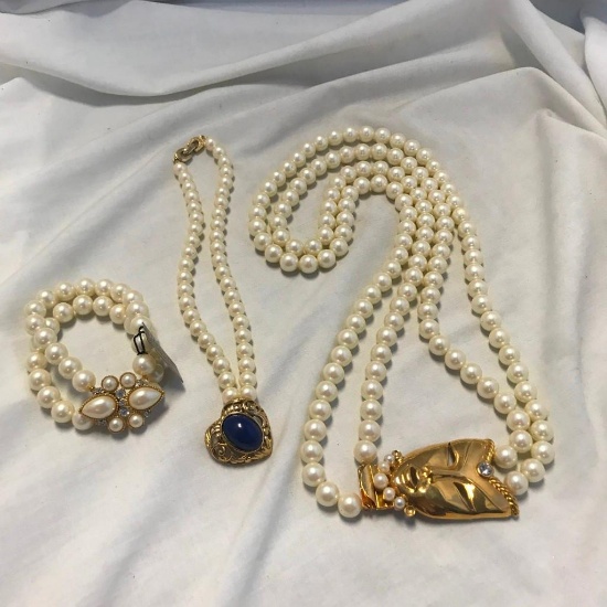 Lot of 2 Fuax Pearl Necklaces and 1 Faux Pearl Bracelet