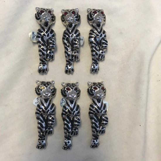 Lot of 6 Identical Silver Toned and Black Tiger Brooches