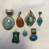 Lot of 7 Misc. Sterling Silver Charm/Pendants with Various Center Stones