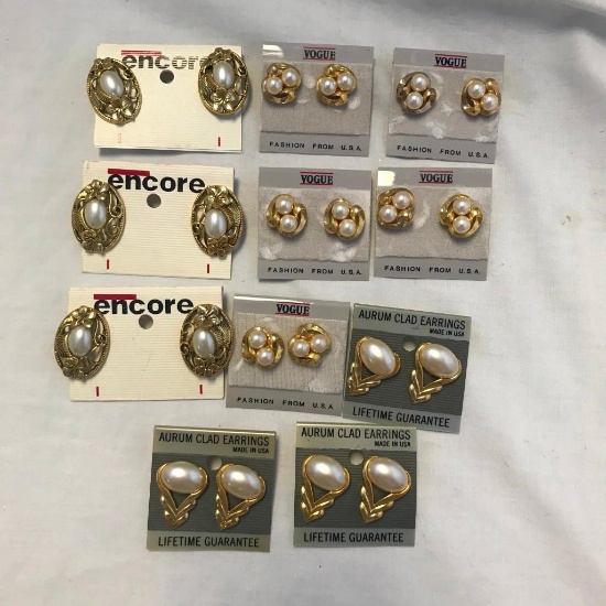 Lot of 11 Pairs of Gold-Toned and Faux Pearl Pierced Earrings