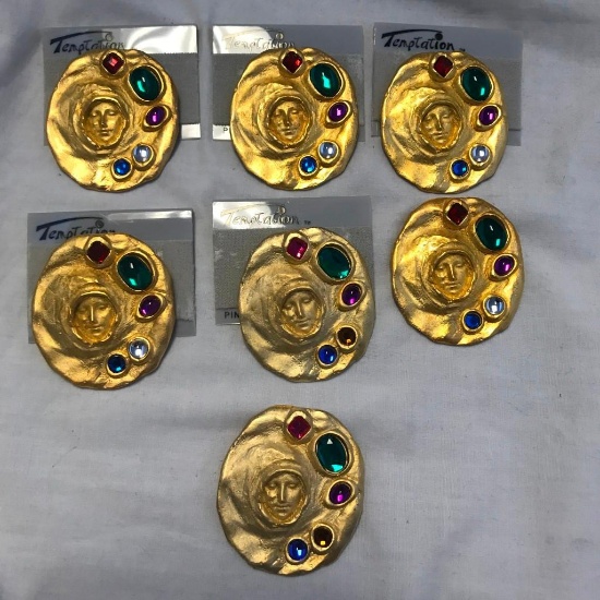 Lot of 7 Gold-Toned Brooches with Colorful Rhinestone Detail