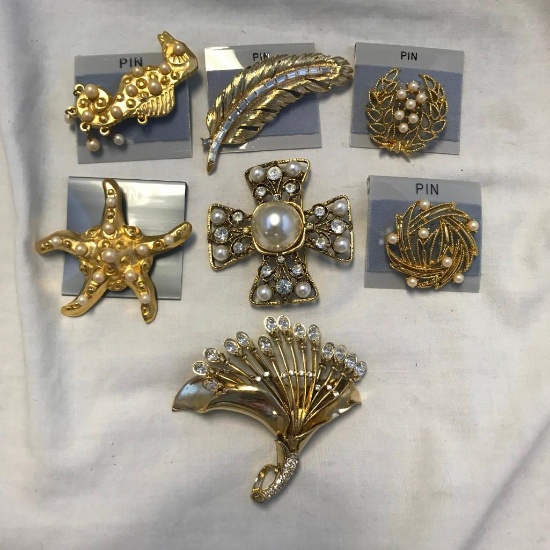 Lot of 7 Gold-Tone Brooches with Faux Pearl and Rhinestone Detail