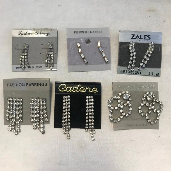 Lot of 6 Pairs of Small Rhinestone Earrings
