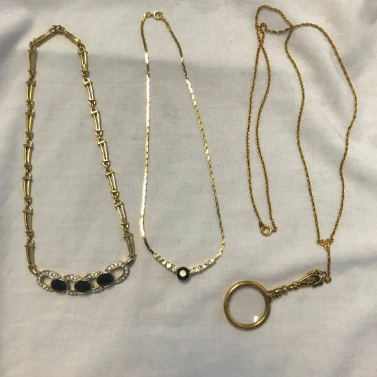 Lot of 2 Gold-Toned and Rhinestone Necklaces and 1 Gold-Tone Necklace