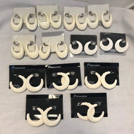 Lot of 13 Pairs of White Pierced Hoop Style Earrings