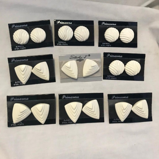 Lot of 9 Pairs of Pierced White Circle and Triangle Earrings