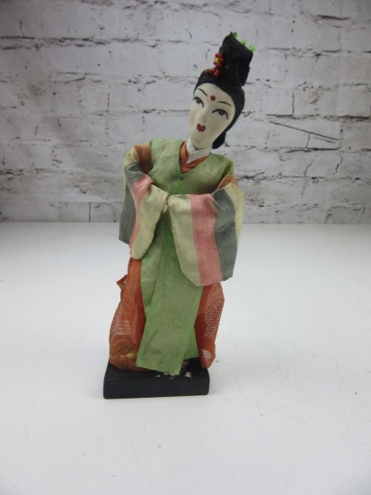 Vintage Chinese Fabric Doll on Wooden Pedestal