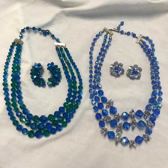 Lot of 2 Blue Austrian Crystal Necklace and Earring Sets