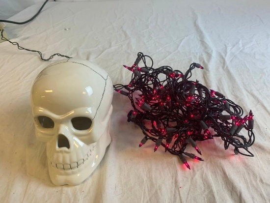 Halloween ceramic SKULL and String Of red Lights