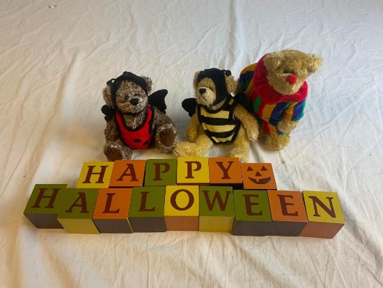 Happy Halloween Wood Blocks and 3 Plush Bears