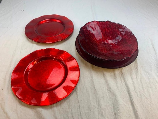 Lot of Red Serving Plate with one Serving Bowl