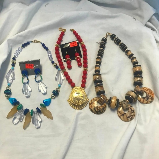 Lot of 3 Statement Necklaces, and 2 Pairs of Matching Earrings