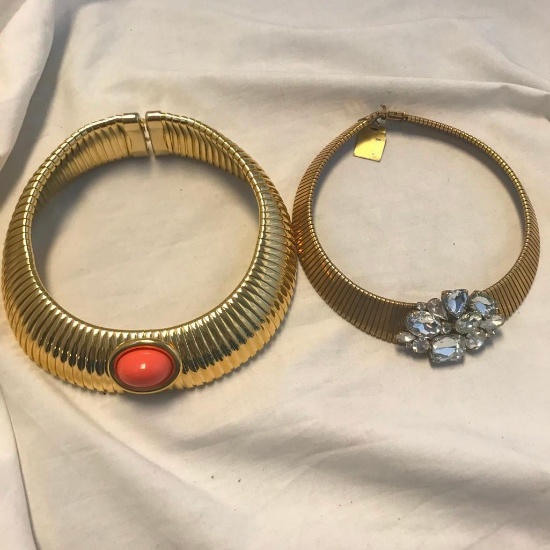 Lot of 2 Gold-Tone Plate Choker Necklaces