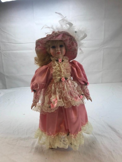 21.5" Porcelain Doll with Pink Dress and Stand