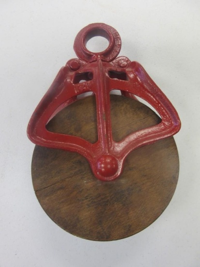 Vintage Red Metal/Wood Pulley 9.5"x5"