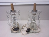 Pair of Vintage Glass Lamps w/ Hanging Crystals