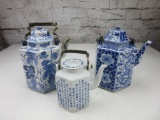 Lot of 3 Blue/White Ceramic Thai and Chinese Tea Pots