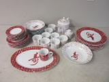 China Set of Red/White Dishes, Bowls, and Tea Set