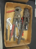 Box Lot of Various Tools Incl. Pipe Wrenches