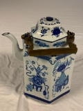 Blue & White Porcelain Kettle Tea Pot Brass Handle