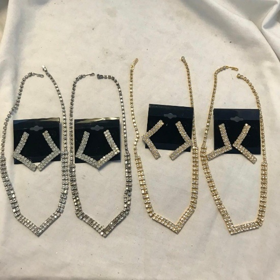 Lot of 4 Silver and Gold Tone Rhinestone Necklace and Earring Sets