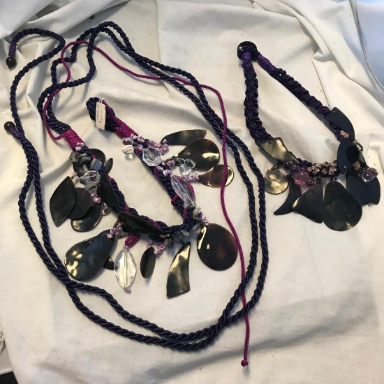 Lot of 1 Purple Rope Belt and Necklace Set with Shell and Clear Bead Necklaces