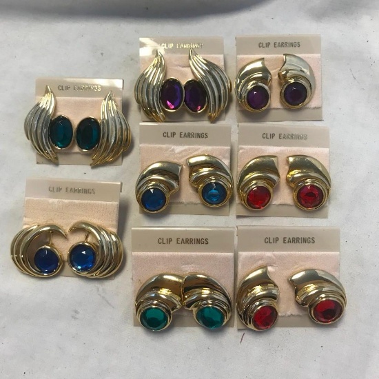 Lot of 8 Gold-Tone and Colored Rhinestone Clip-On Earrings