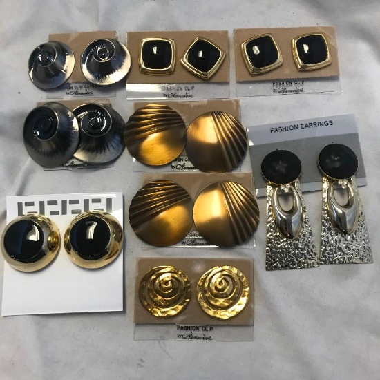 Lot of 9 Black and Gold-Tone Clip-On Earrings