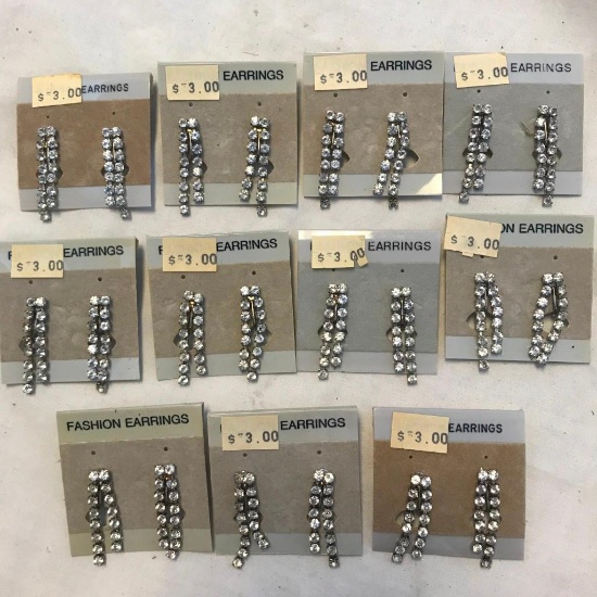 Lot of 11 Identical Rhinestone Clip-On Earrings