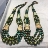 Lot of 2 Identical Green Wooden Bead Statement Necklaces