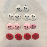 Lot of 7 Pairs of Circular Red, White, and Pink Disney Mickey Mouse Stud Earrings