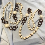 Lot of 2 Identical White Bead and Wooden Chain-link Necklaces