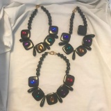 Lot of 3 Identical Black Plastic Bead Necklaces with Colorful Center Stones