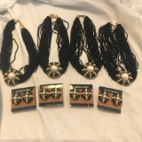 Lot of 4 Identical Back, Gold-Toned, Rhinestone, and Faux Pearl Necklace and Earring Sets