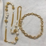 Lot of 2 Gold-Tone and Faux Pearl Necklaces