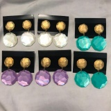 Lot of 6 Pairs of Gold-Toned Purple, Blue, and White Dangling Pierced Earrings