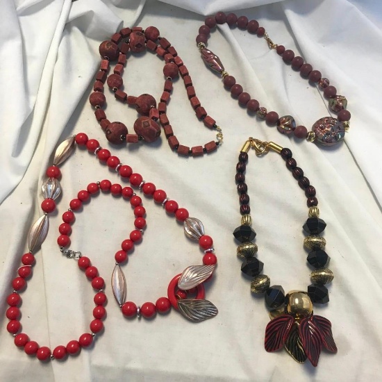 Lot of 4 Misc. Red Wooden and Plastic Bead Necklaces