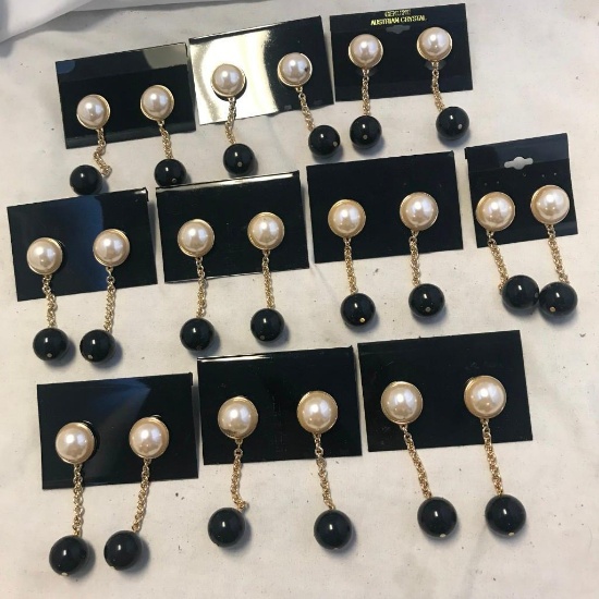 Lot of 10 Identical Faux Pearl and Black Bead Dangling Pierced Earrings