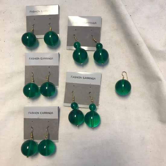 Lot of 5 Green Beaded Pairs of Earrings (with 1 Stray Earring)