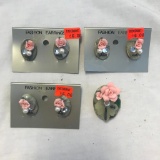 Lot of 3 Pairs of Green and Pink Flower Earrings with 1 Matching Brooch