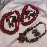 Lot of 3 Red Bead Necklace and Earring Sets