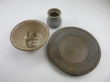Lot of 3 Stoneware Pots and Plate of Various Sizes