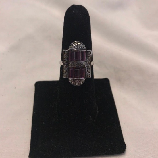 "Clark and Coombs" Sterling Silver Ring with Purple Gem Details (Size 7)