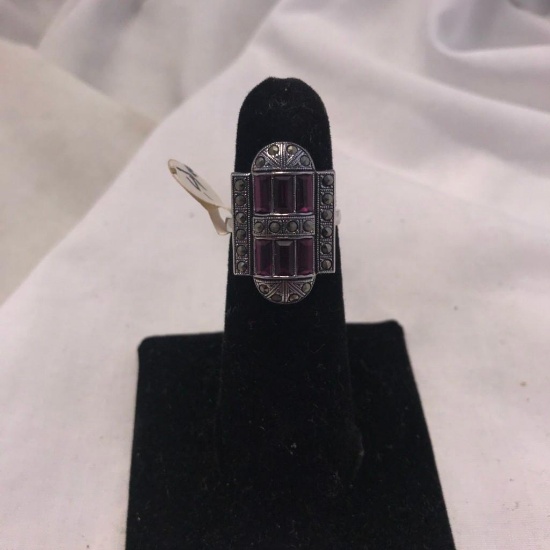 "Clark and Coombs" Sterling Silver Ring with Purple Gem Details (Size 5)