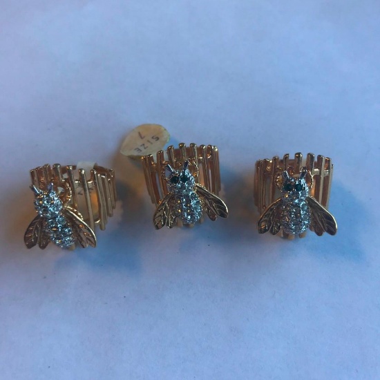 Lot of 3 Similar 18KT G.E. Rings with Rhinestone Bee Embellishments